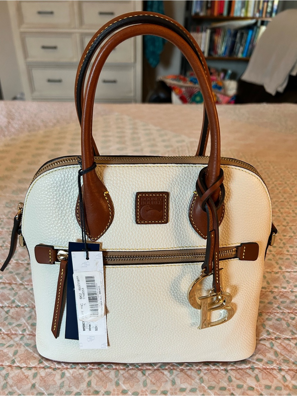 NWT $298 Dooney & Bourke Pebble Leather Domed Satchel Bag White Saddle Handbag